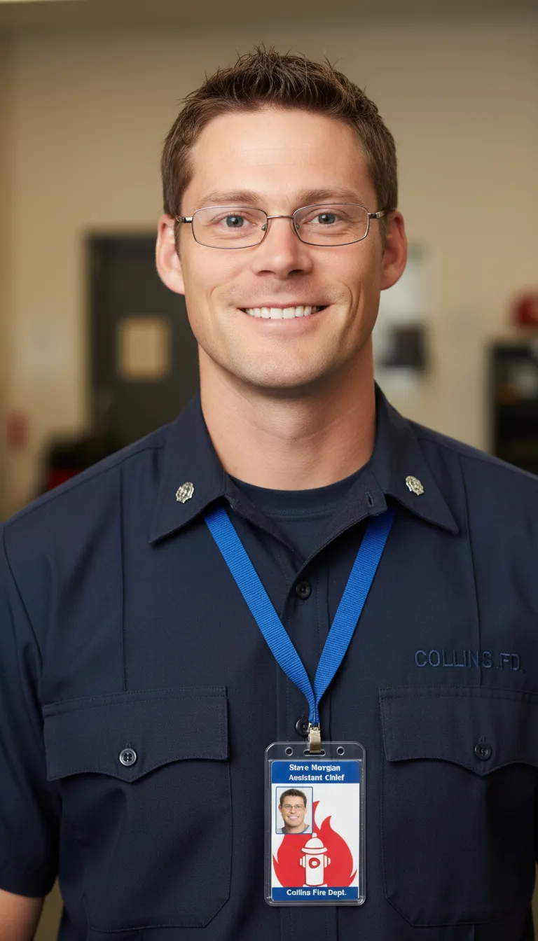 Durable ID card for a fire company, featuring text fields and a circular photo placeholder.