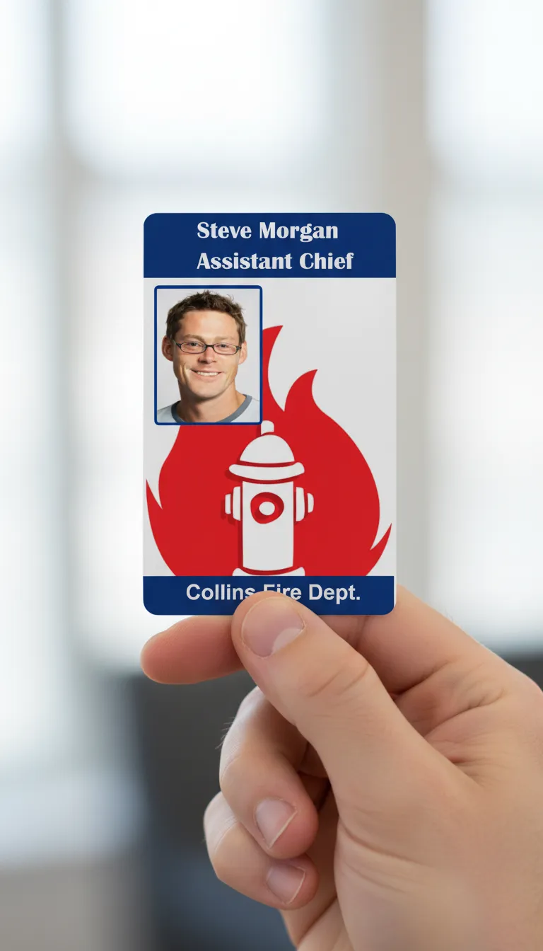 Fire dept ID card with red, blue and white design, featuring photo area, name, title, and barcode.
