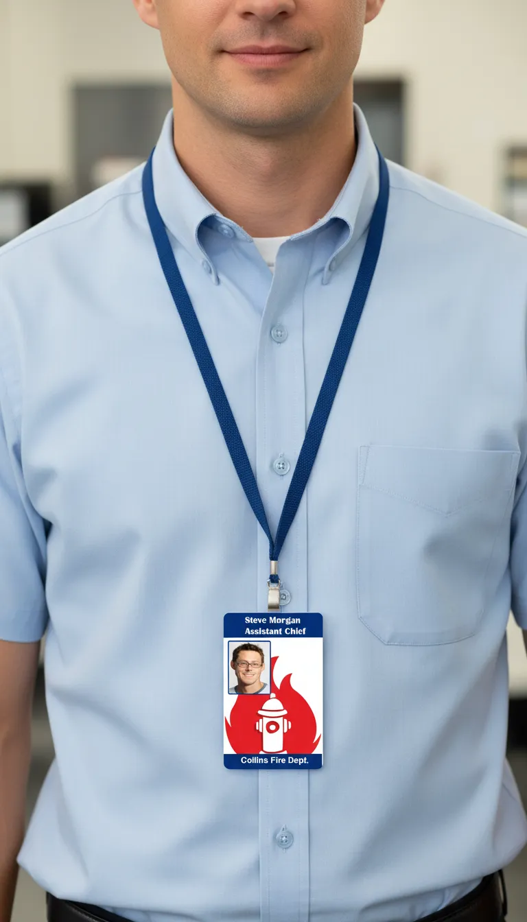 Fire house ID badge with blue, red and white design, company logo, name, title, and barcode.