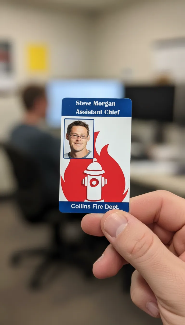 Firefighter id card with photo, name, title, barcode, and flame with hydrant.