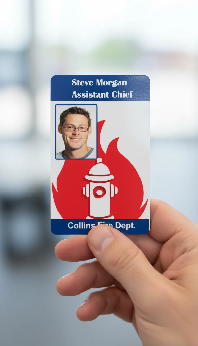 Professional ID card for fire dept, with blue, red and white design, company logo, name, and title.