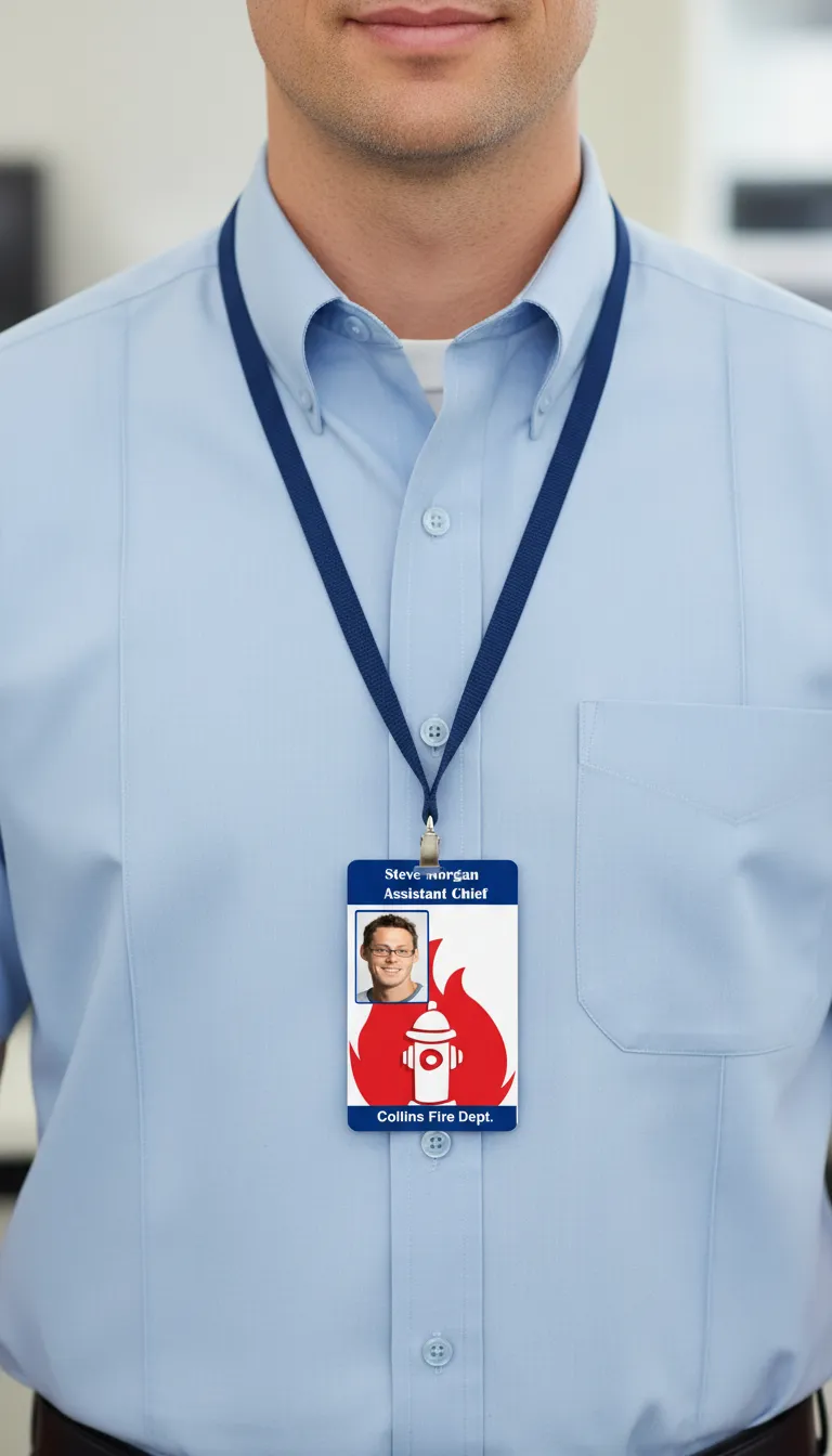 Professional ID card with blue and white design, featuring name, title, fire hydrant, and company logo.