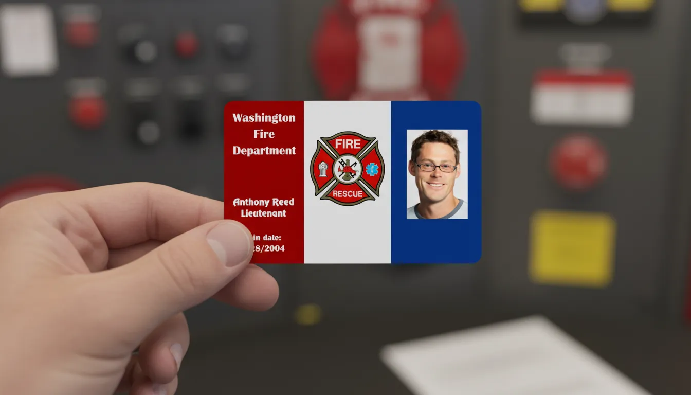 Blue, red and white ID card template with photo area, name, title, barcode, and Maltese cross.