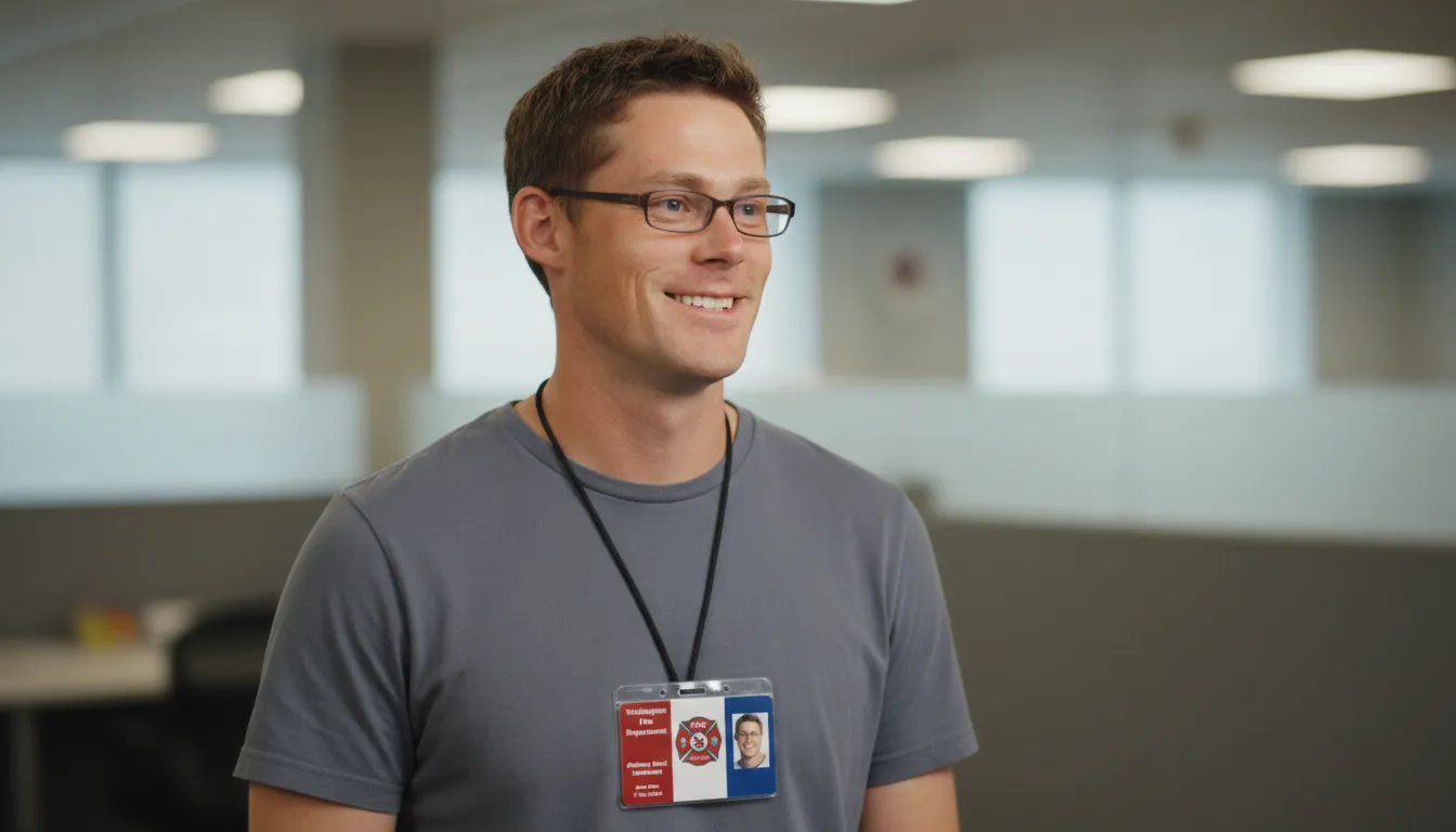 Custom ID badge with red, blue and white design, company logo, name, title, and DOB.