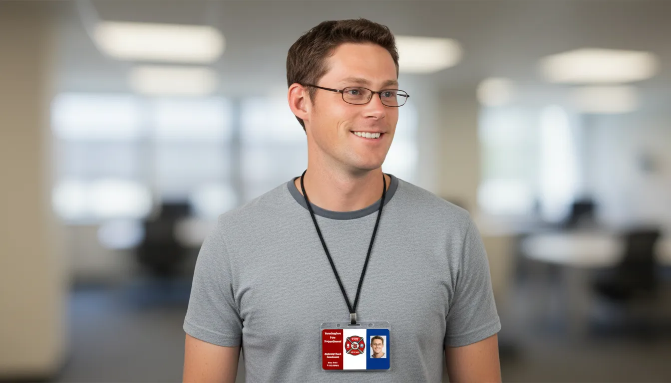 Horizontal PVC ID badge with FD Maltese cross logo, employee name, title, and issue date.