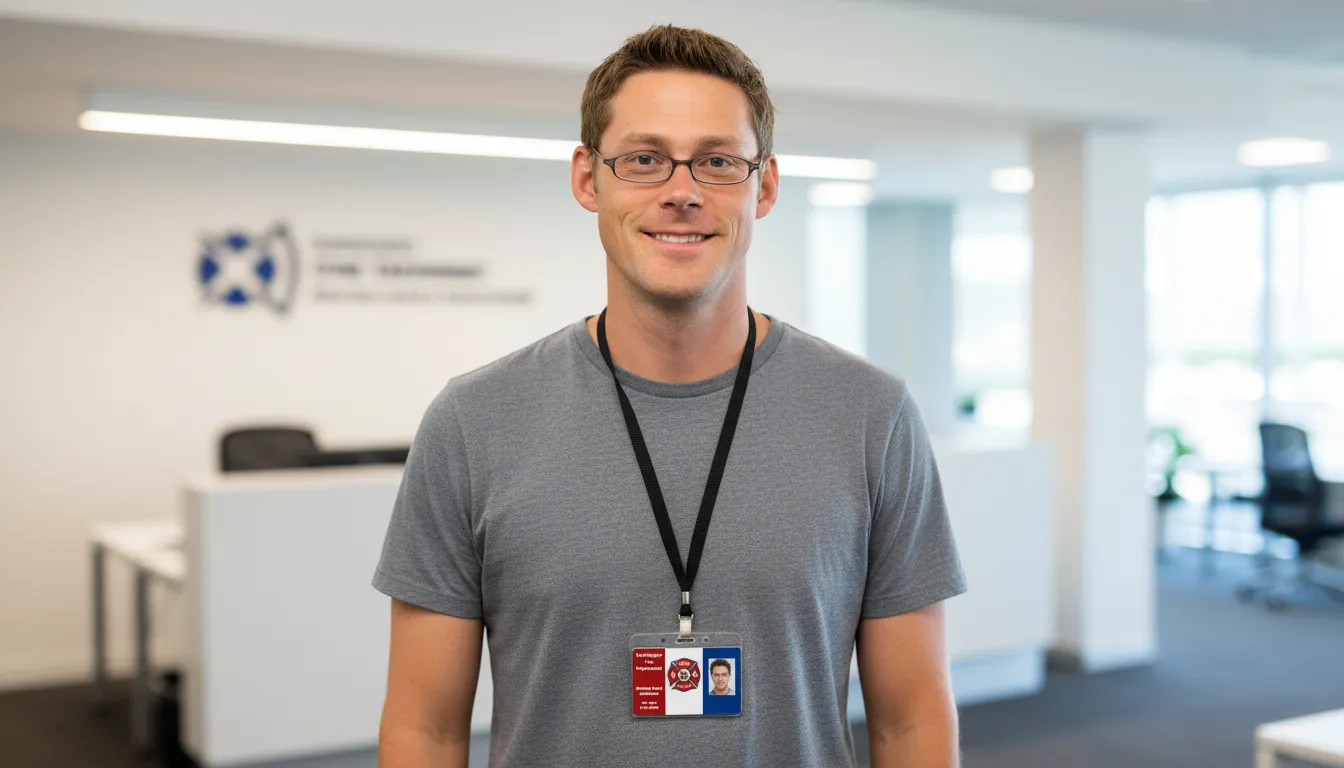 Professional ID badge with blue and white design, company logo, name, title, and flame.