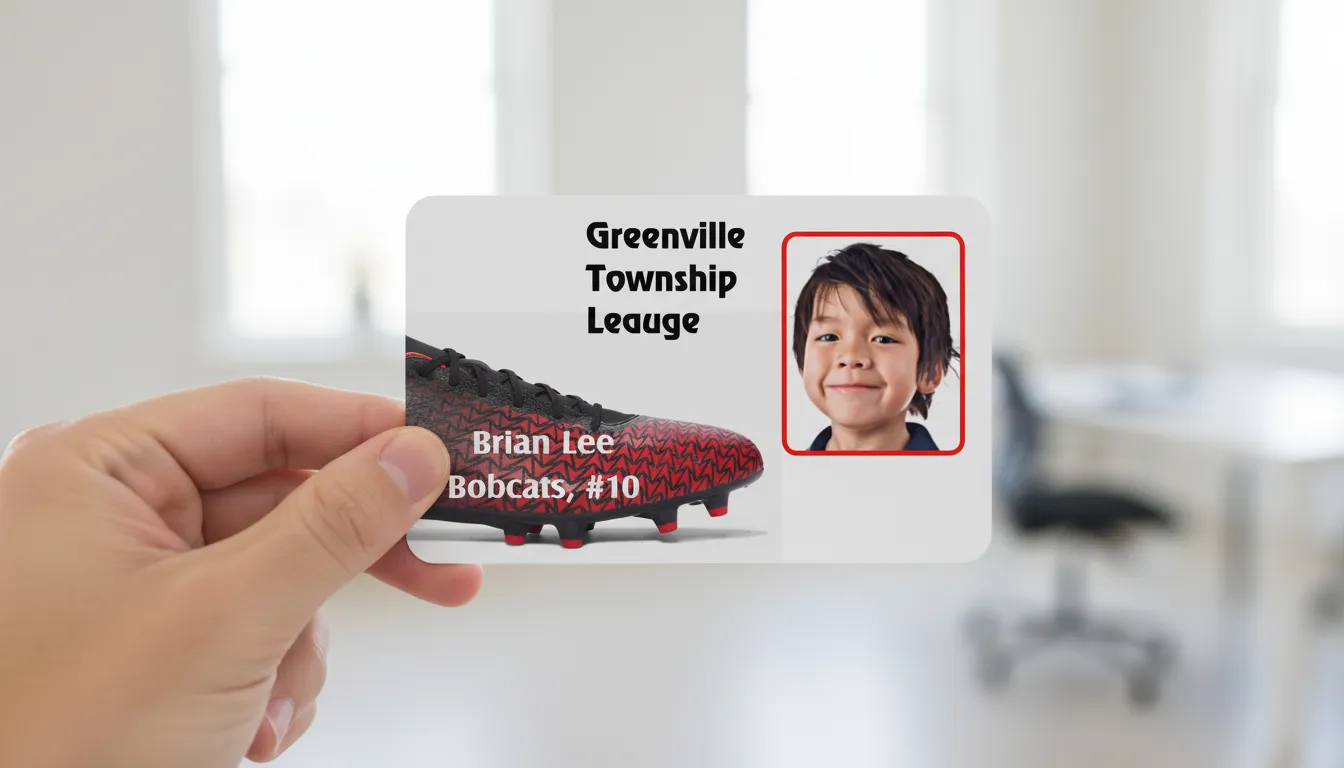 Custom ID card for soccer little league, featuring text fields, photo and cleat close-up image.