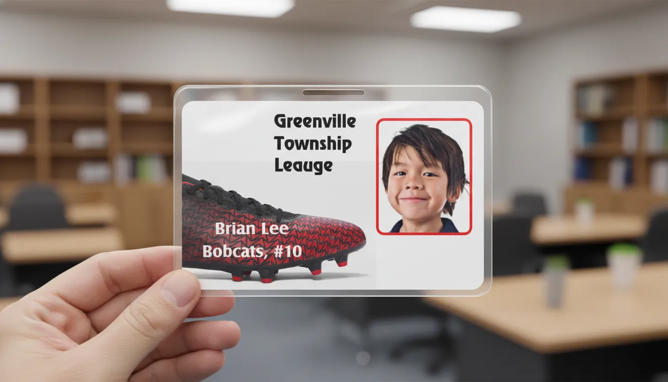 Durable ID card for a little league soccer team, featuring text fields and a rounded photo placeholder with color outline.