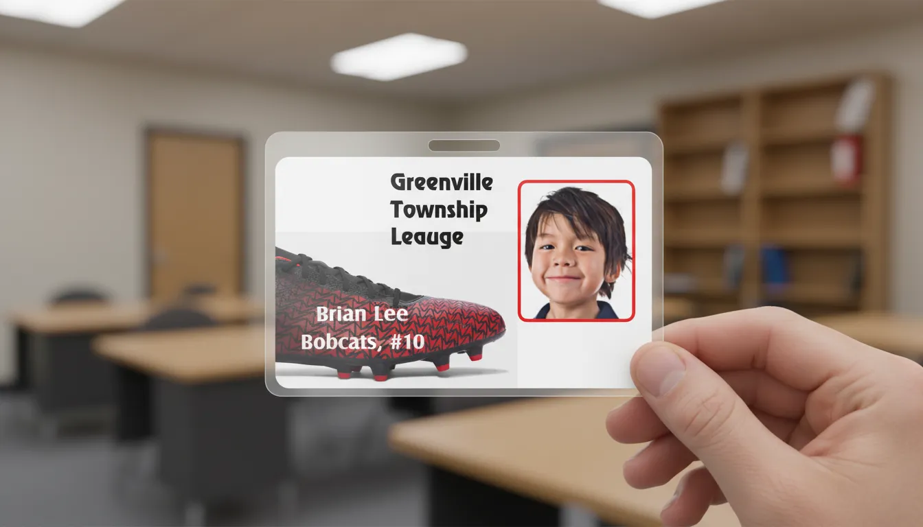 Little league ID card template for a soccer team, featuring cleat image, name and position.