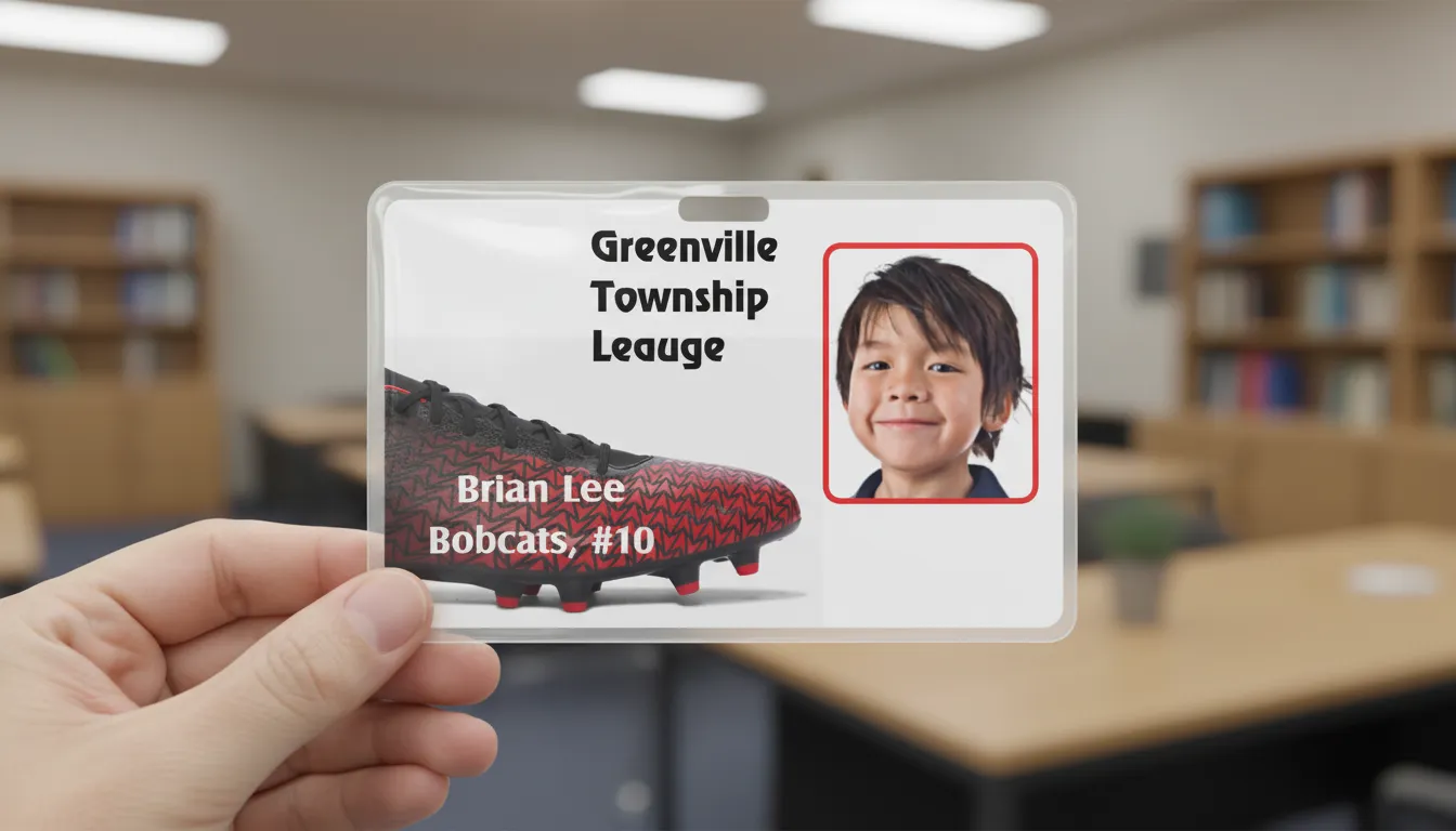 Soccer tournament team, custom ID badge with photo, logo area, name, position, and barcode section.