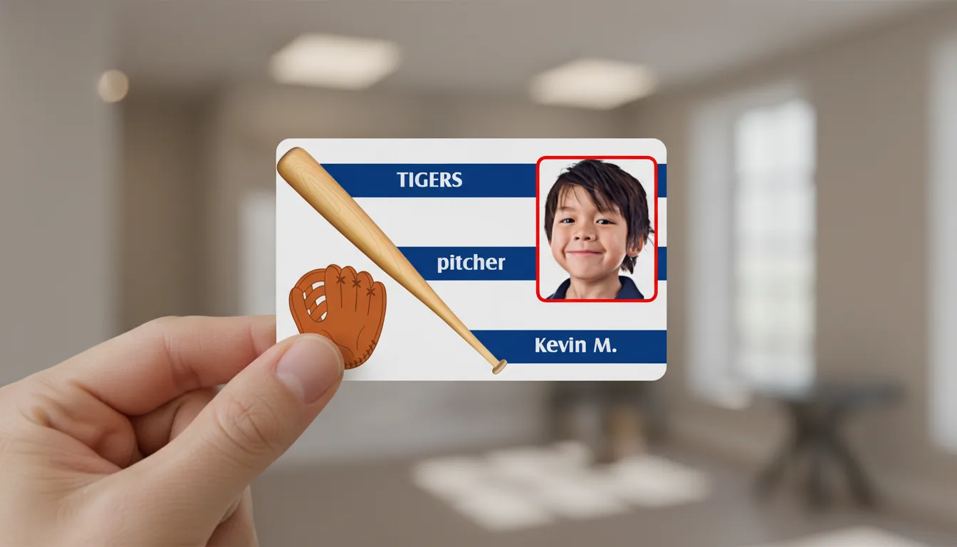 ID badge for a softball tournament with a glove image, name, photo, and team name.