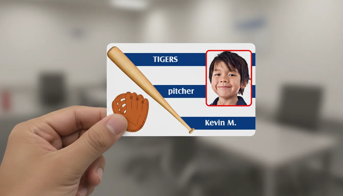 Photo ID badge for a softball tournament with a bat image, name, and team name.