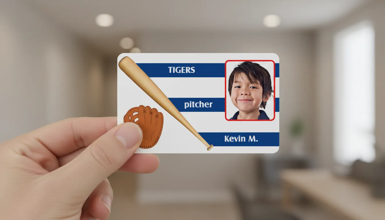 PVC ID badge template for a softball little league, logo area, photo and text fields.