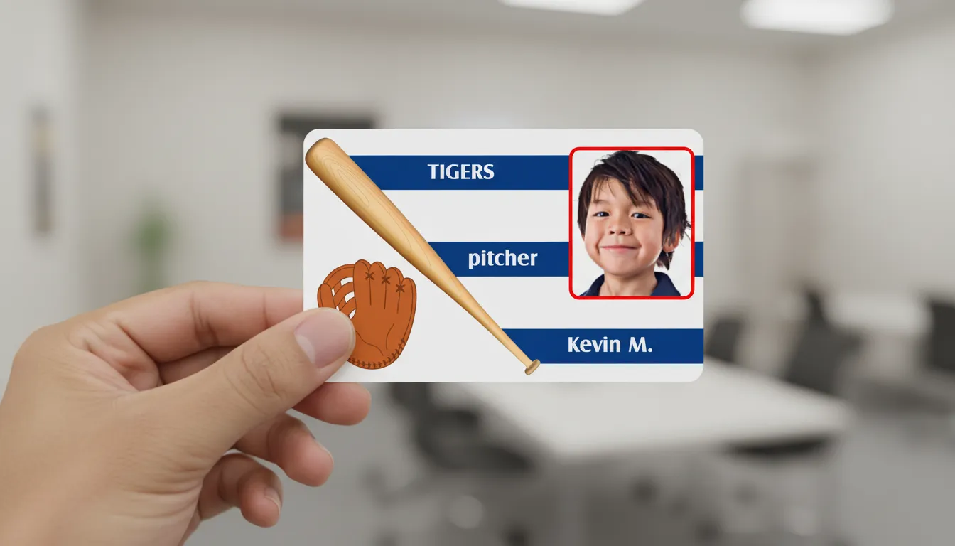 Sport ID badge with blue and white design, featuring name, photo, and softball glove and bat.