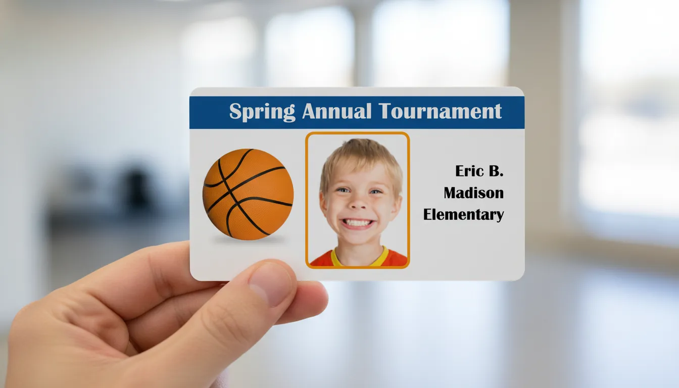 Basketball team, little league, PVC ID badge template with blue and white color blocks, logo area, and text fields.