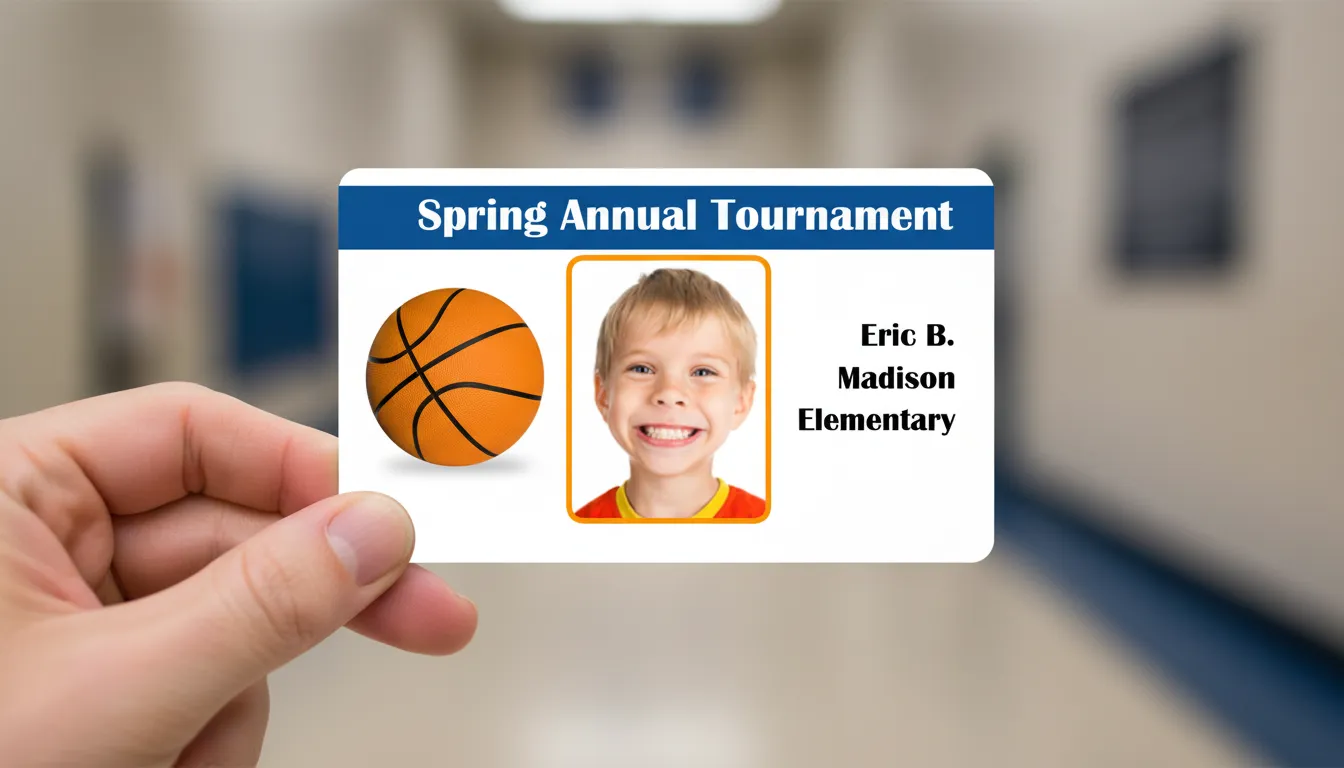 Blue and white ID card template for a basketball team member with photo area, name, and team name.