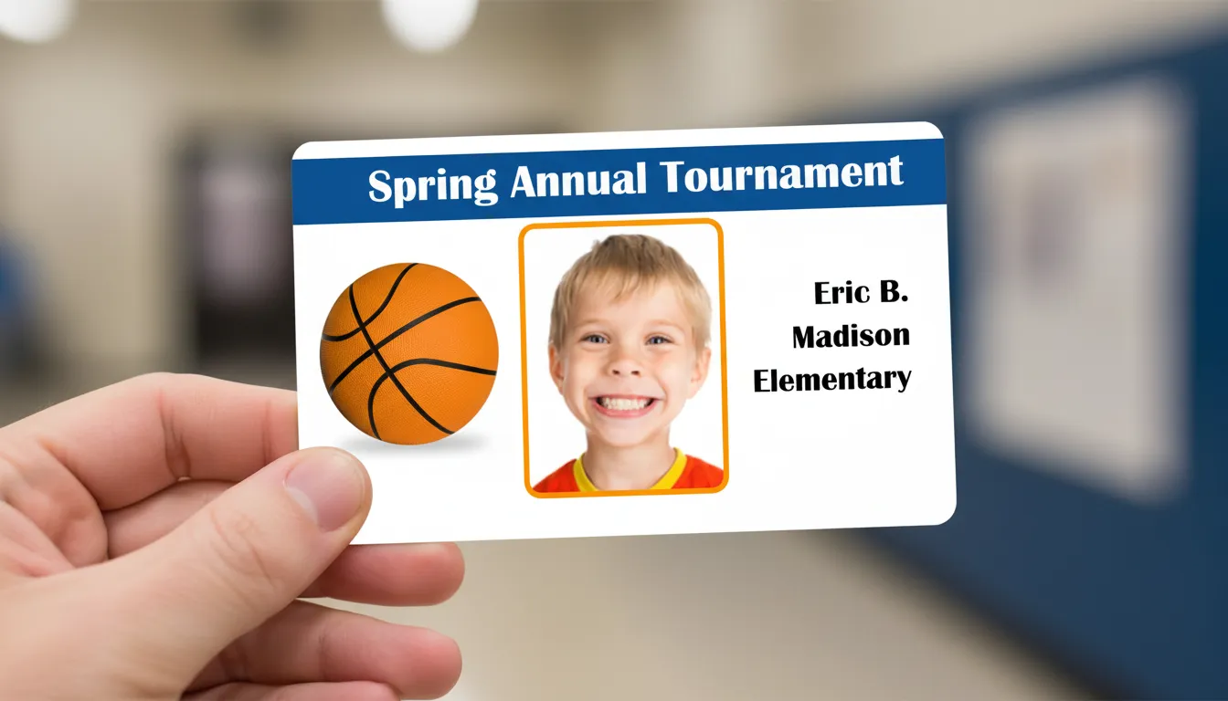 Durable ID card with blue and white design for a basketball tournament, featuring photo area, name, and ball image.