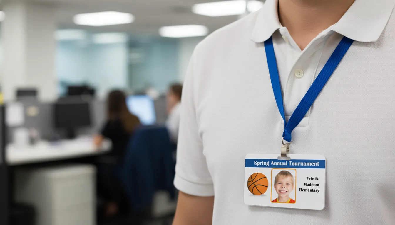 Sport's team PVC ID card template with blue header, text fields, and rounded corners photo placeholder.