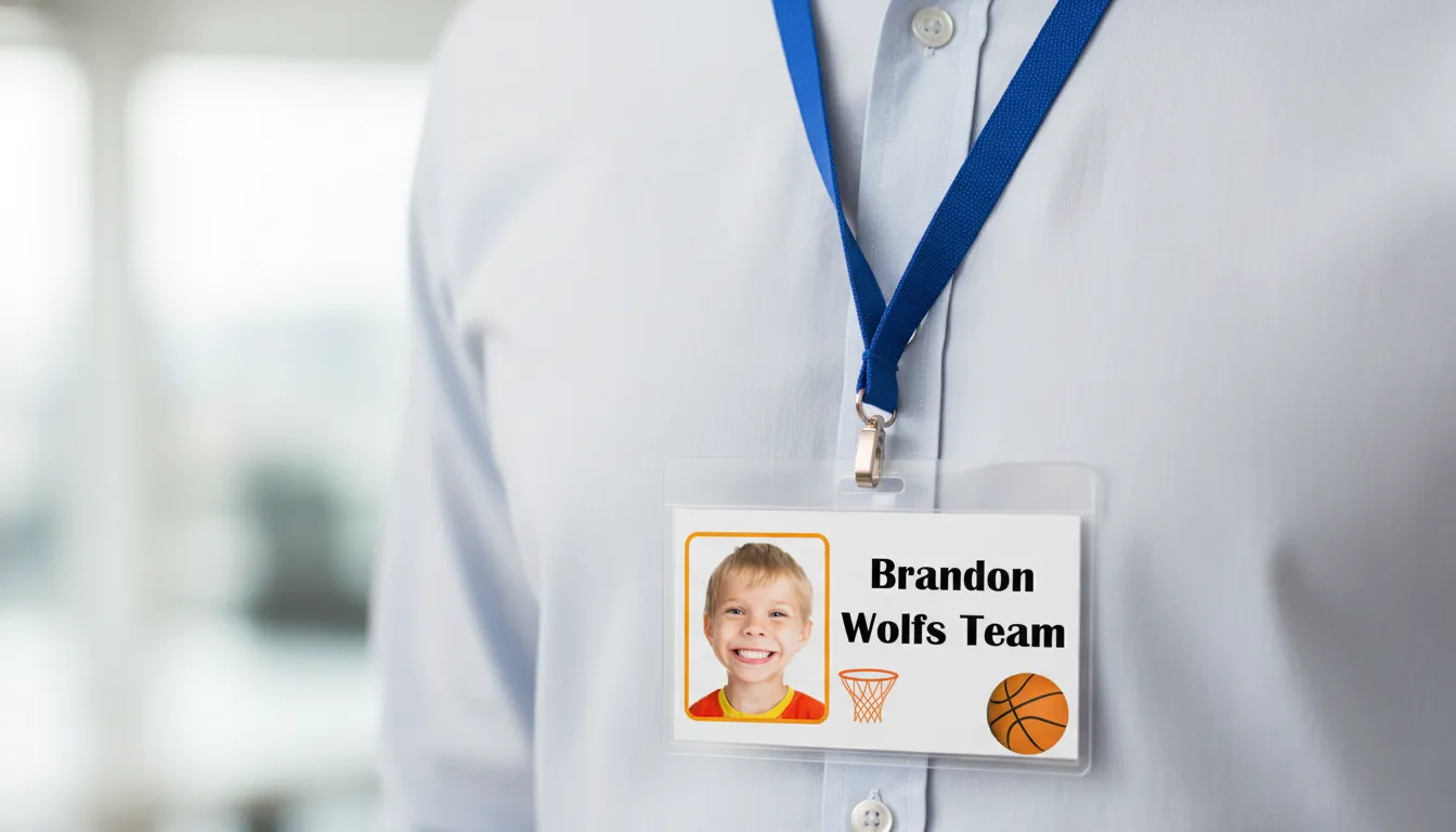 Basketball team id card with holographic overlay, featuring text fields and a rounded photo area.