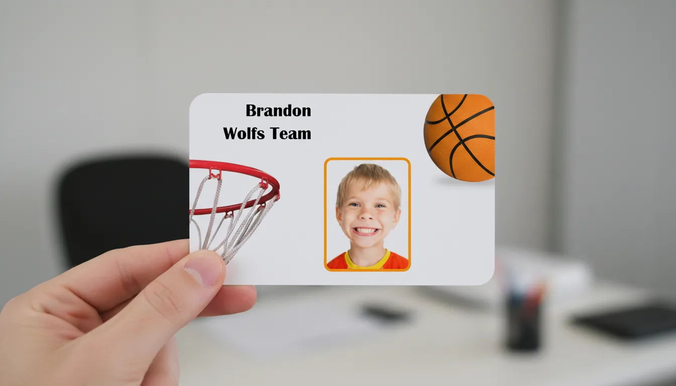 Basketball tournament team, custom ID badge with photo, logo area, name, position, ball and basket image.