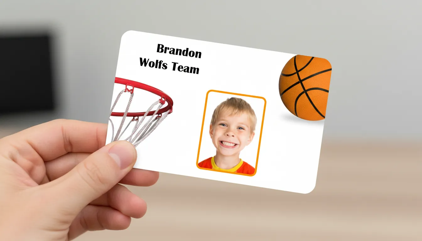 Durable ID card with outlined, rounded corners photo area, name, basket and basketball image.