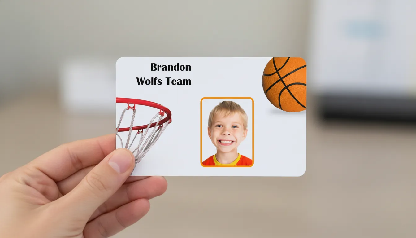 Horizontal layout photo ID card for a basketball team, with basket, net and basketball images.