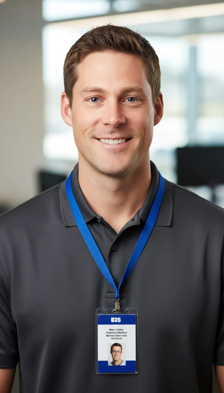 Custom ID badge for a tournament with blue and white design, logo area, name, title, and barcode section.