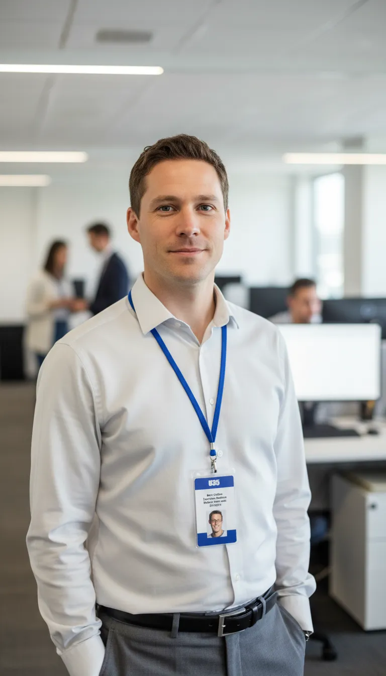 Navy blue and white sport ID card template with photo area, name, title, barcode, and team logo.