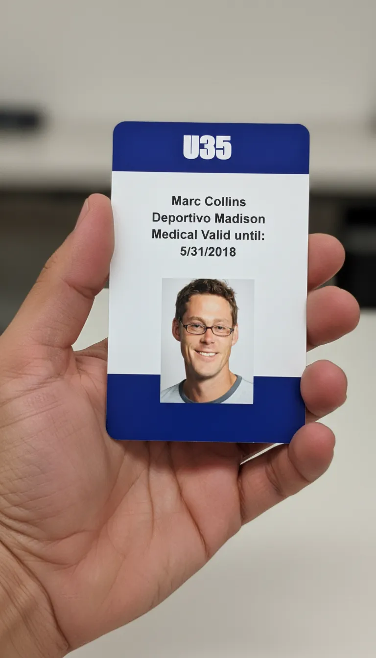 Photo ID badge for a tournament with blue and white design, name, date of birth and barcode.