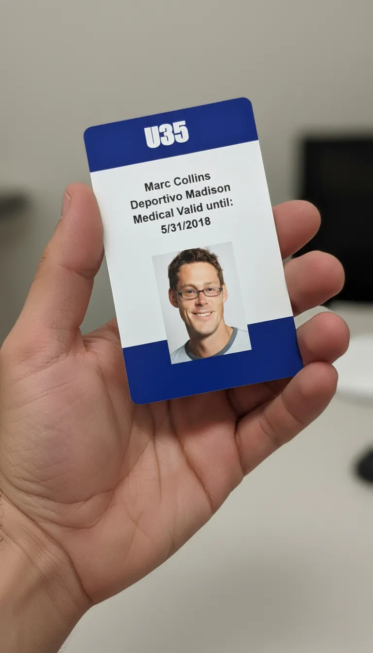 Professional sport ID card with blue and white design, company logo, name, and barcode displayed.