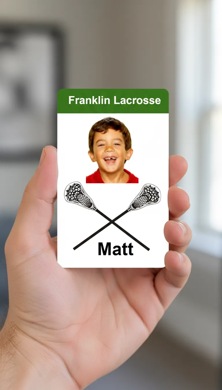 Green and white sport id card with holographic overlay, featuring text fields and crossed lacrosse sticks.