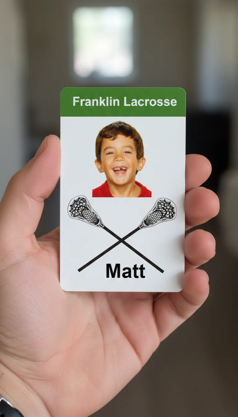 Lacrosse little league green and white id card with holographic overlay, featuring text fields and a photo area.