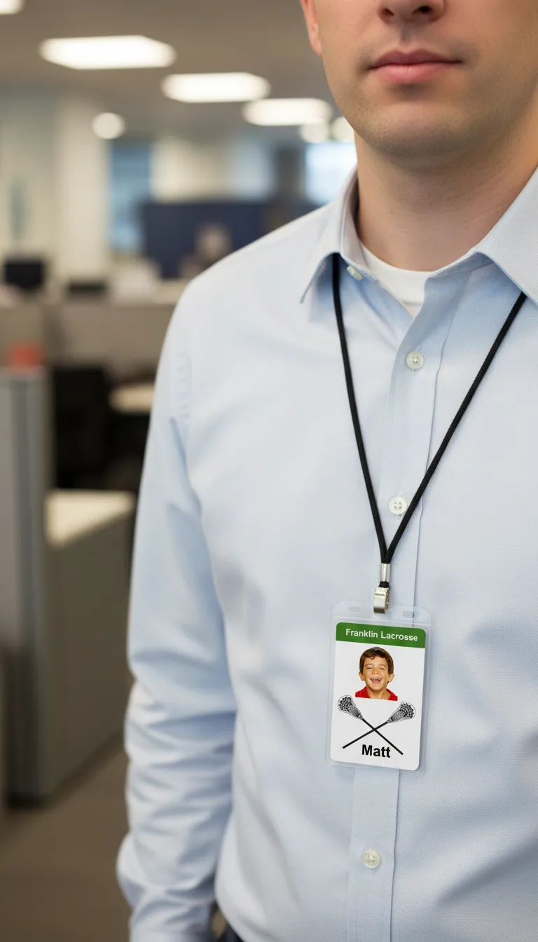 Lacrosse team ID card with holographic overlay, blue and white design, includes text fields and barcode.