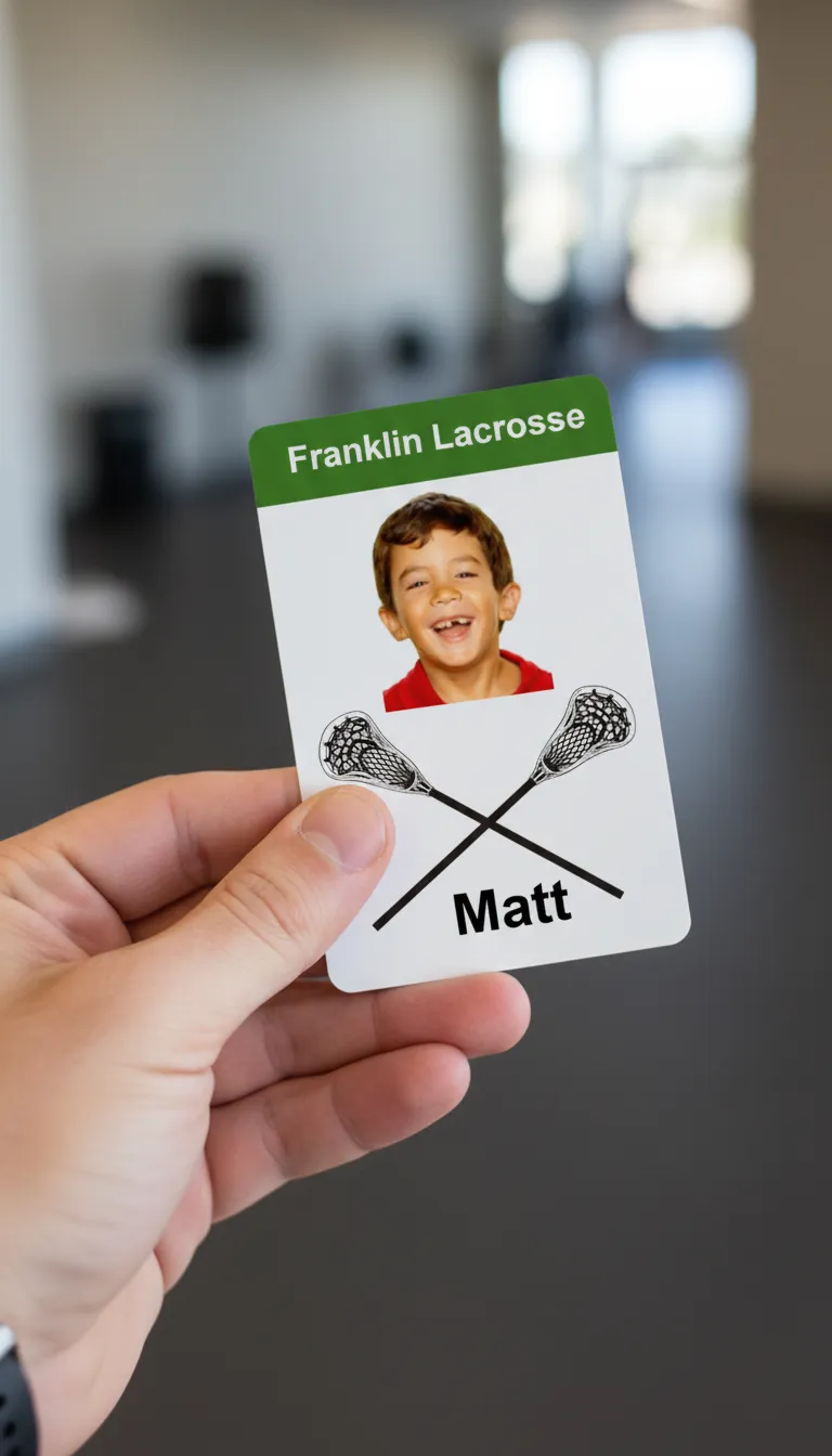 Lacrosse team professional ID badge with green and white design, featuring name, title, barcode, and sticks.