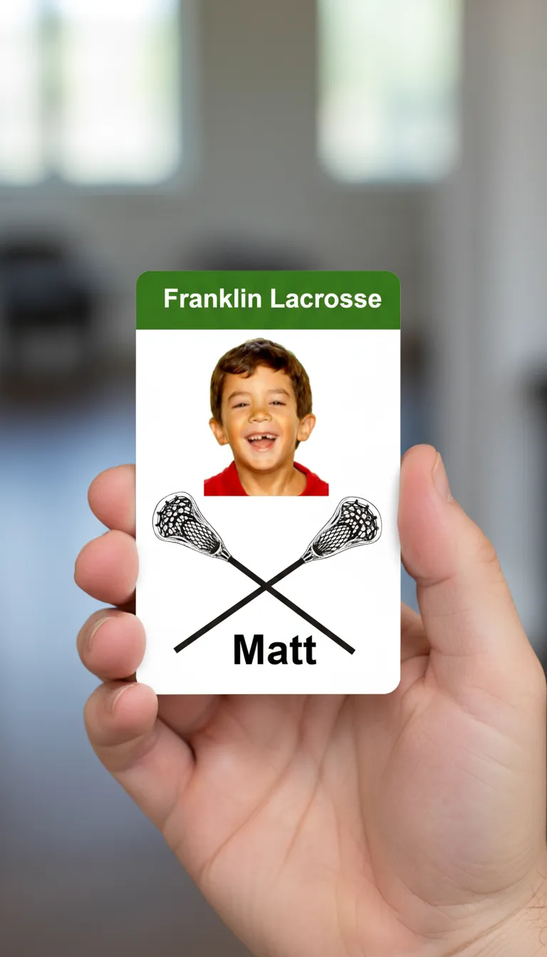 Professional ID card template for a lacrosse tournament with green and white color scheme, featuring text fields and logo area.
