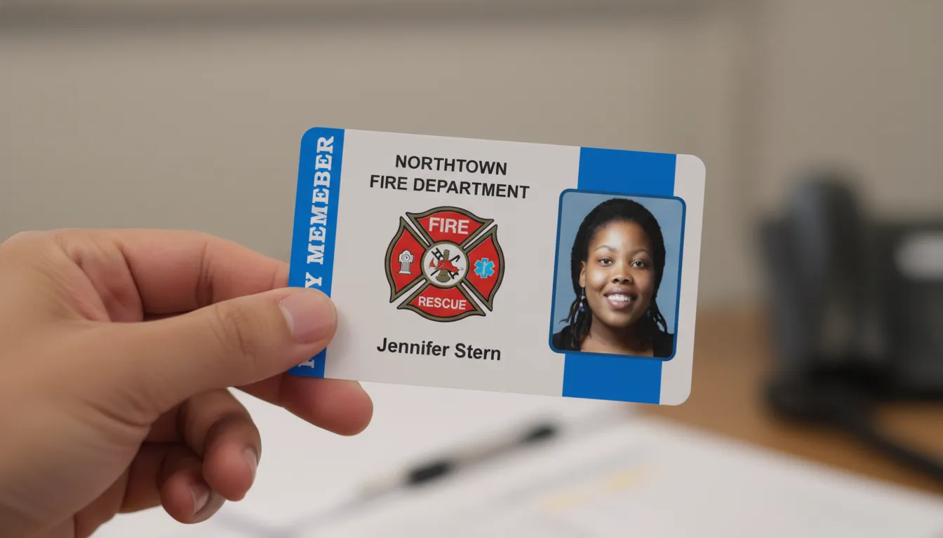 Blue and white custom ID card, fire department logo, office background, professional ID badge.