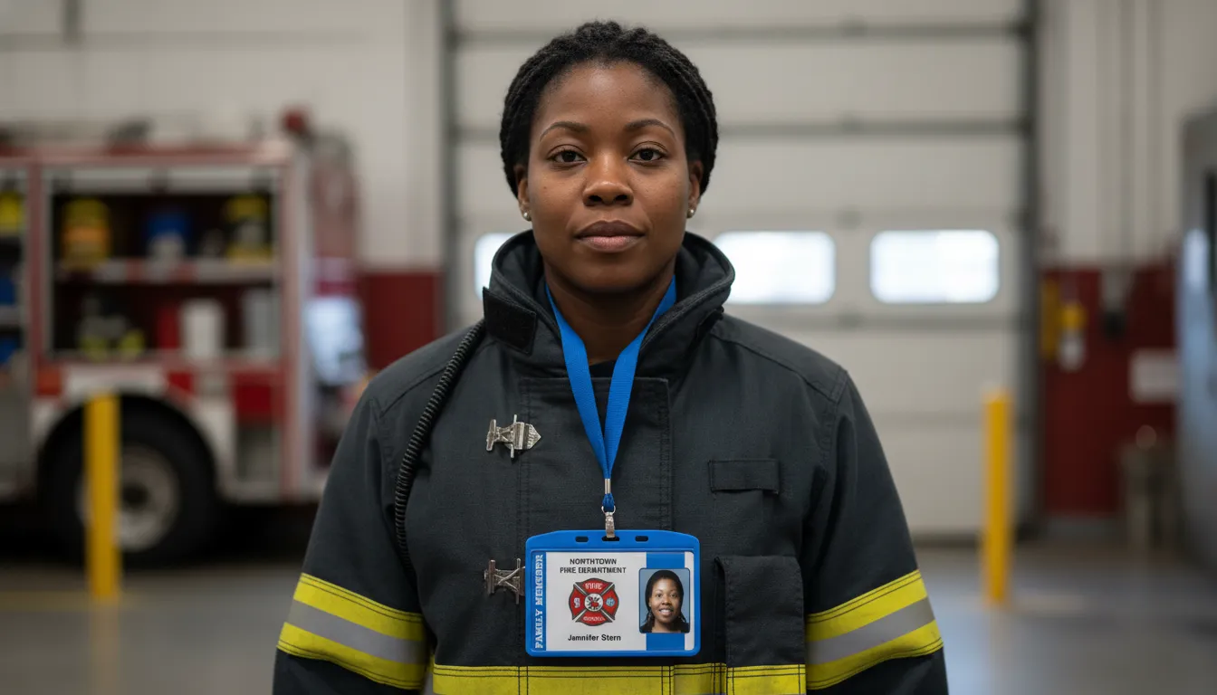 Firefighter in dark uniform, blue lanyard, custom ID card, red fire truck, gray indoor background.