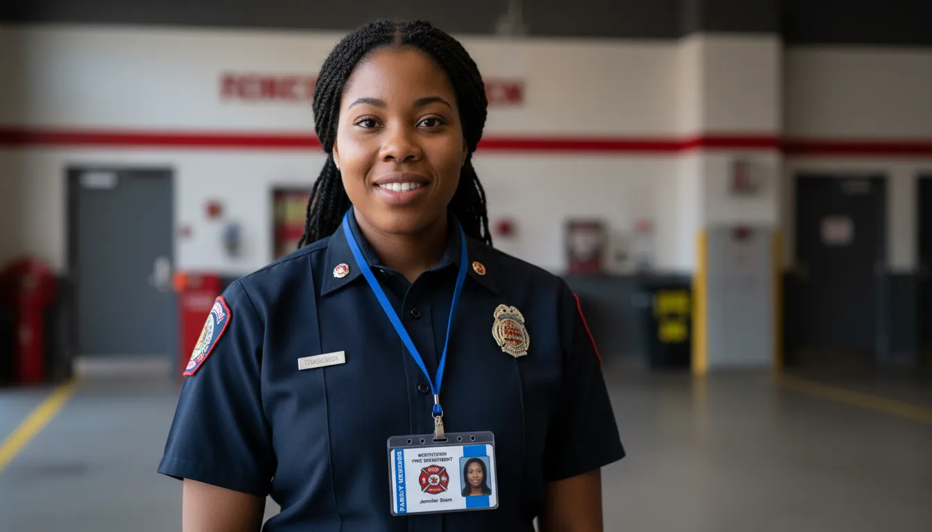 Firefighter in navy uniform with blue lanyard, custom ID card, gray and white fire station background.