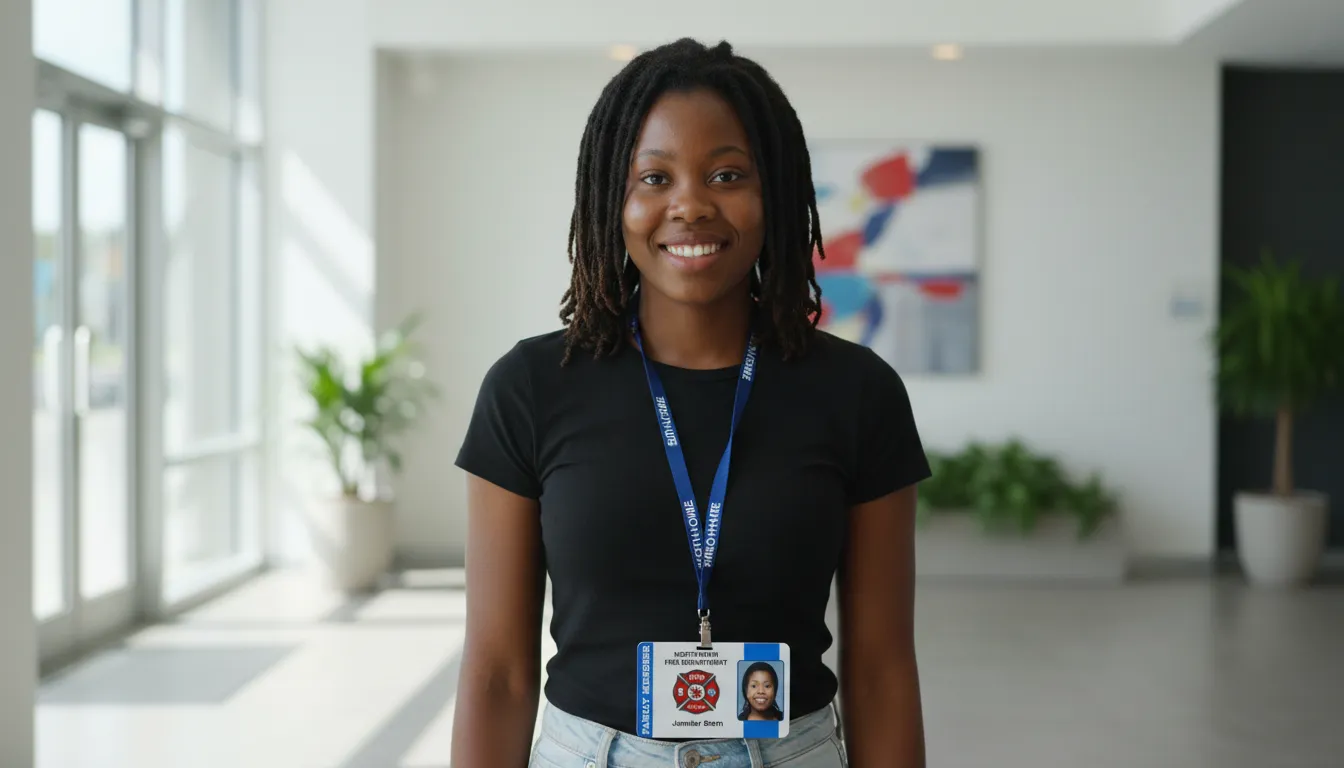Smiling woman with a blue lanyard and professional ID badge, bright modern office background, green plants.