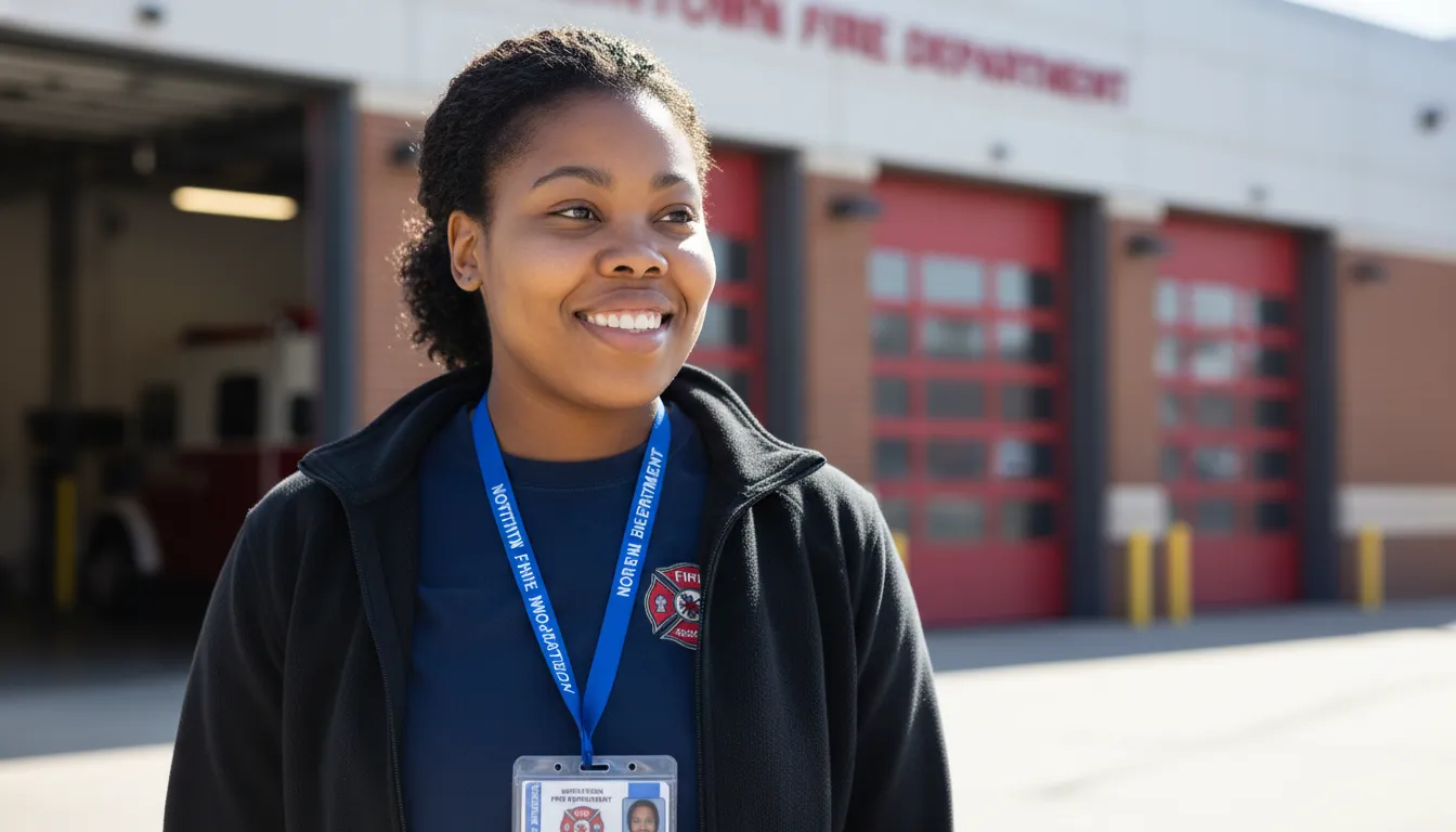 Smiling woman with professional ID badge, blue lanyard, red fire station doors in background.