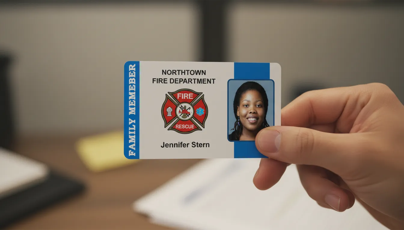 White and blue professional ID badge, fire department logo, held over blurred brown desk background.