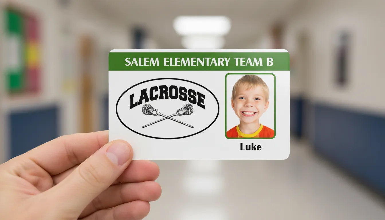 Custom sports ID card template with green and white color blocks, featuring text fields and crossed lacrosse sticks logo.