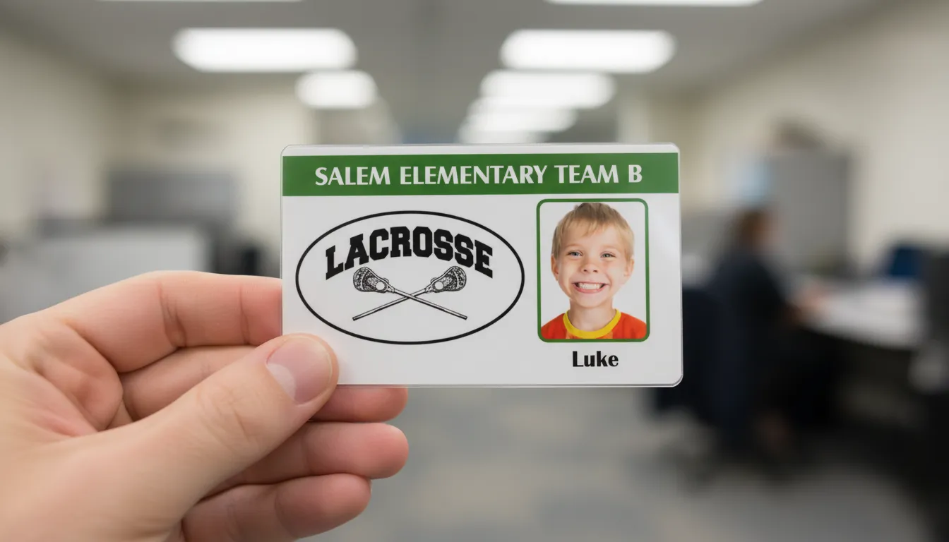 Lacrosse little league PVC ID card template with green and white color blocks, team mascot, and text fields.