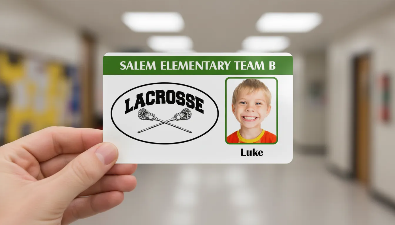 Photo ID card for a lacrosse team with green and white design, logo area, name, title, and barcode.
