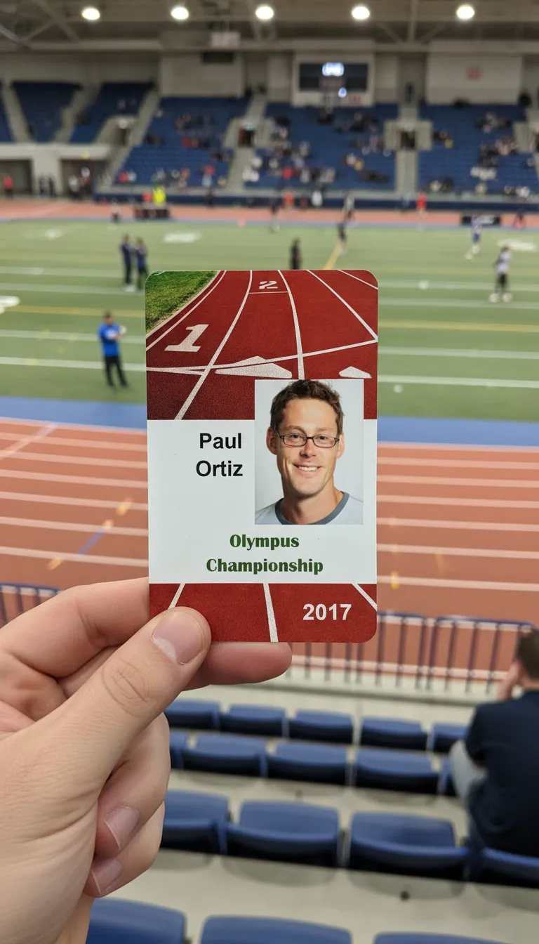 Competition track photo ID card with green and white design, featuring name, team name and barcode.