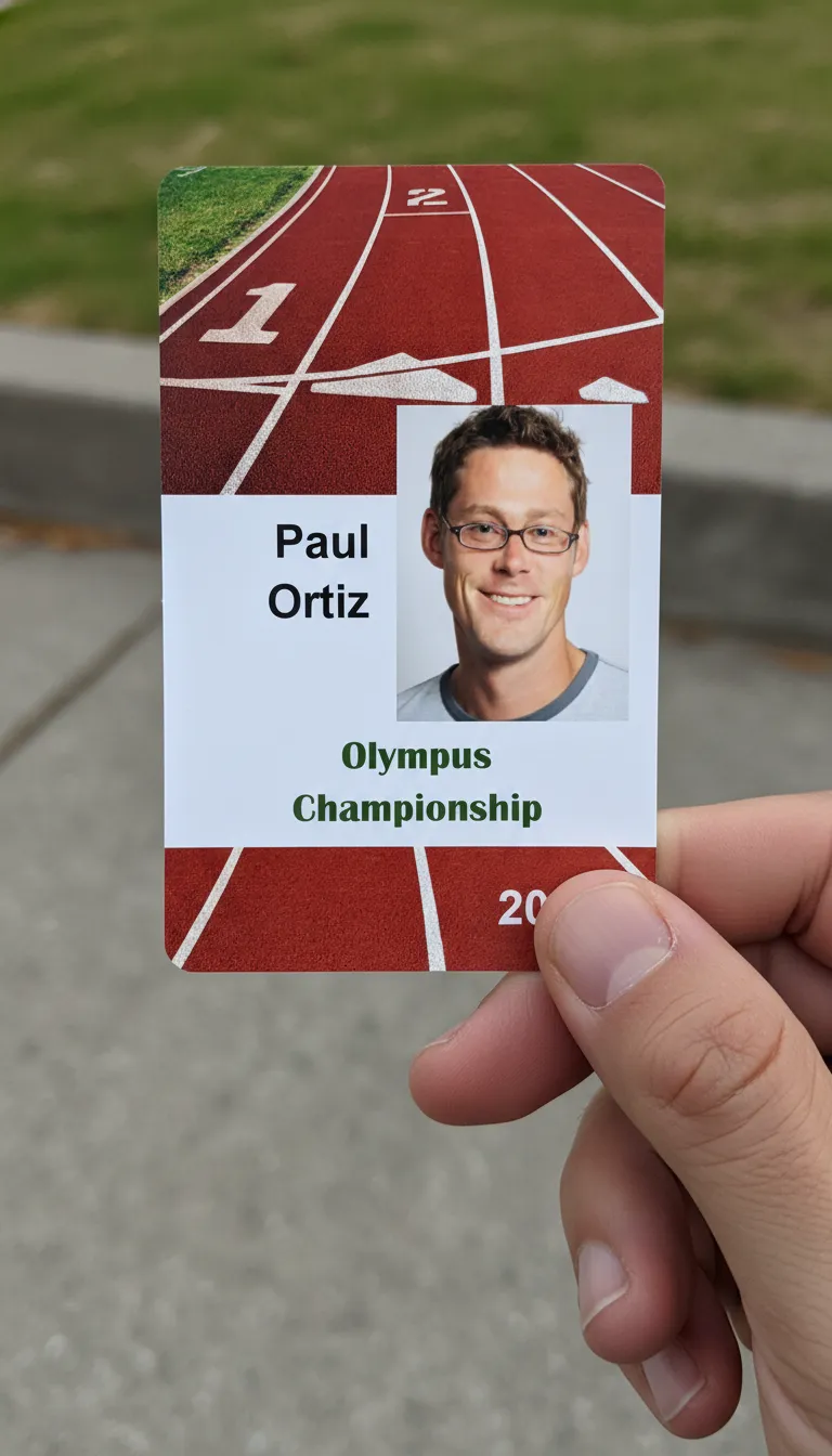 Custom ID badge with a sprint track background , featuring photo area, name, dob, and barcode.