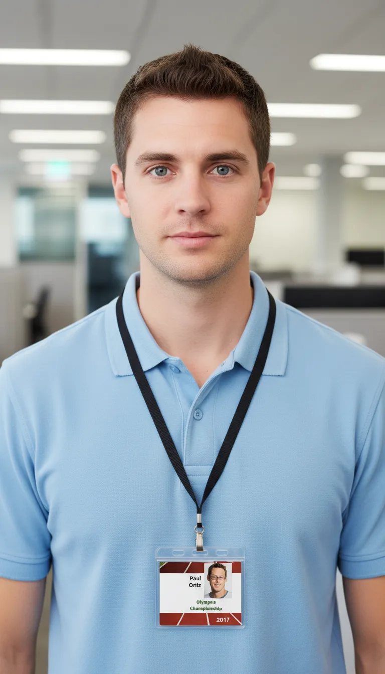Durable sport ID card with blue and white design, featuring name, photo area, and track oval background.