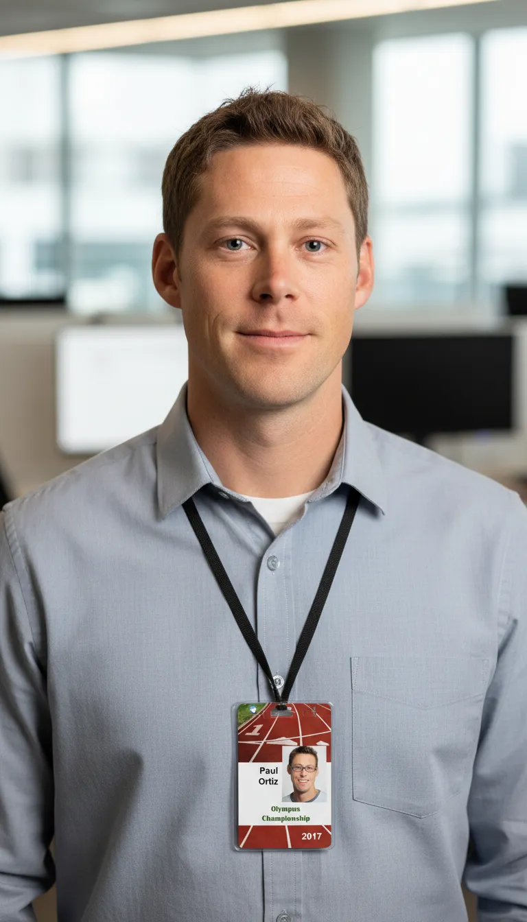 Running lanes marks background PVC ID badge template with photo, name and team information.