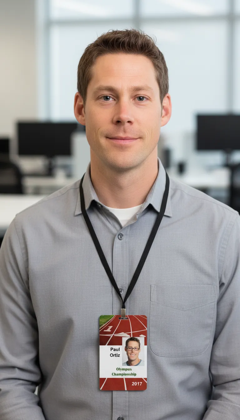 Running lanes photo ID card template with a name, DOB, barcode, and school logo.