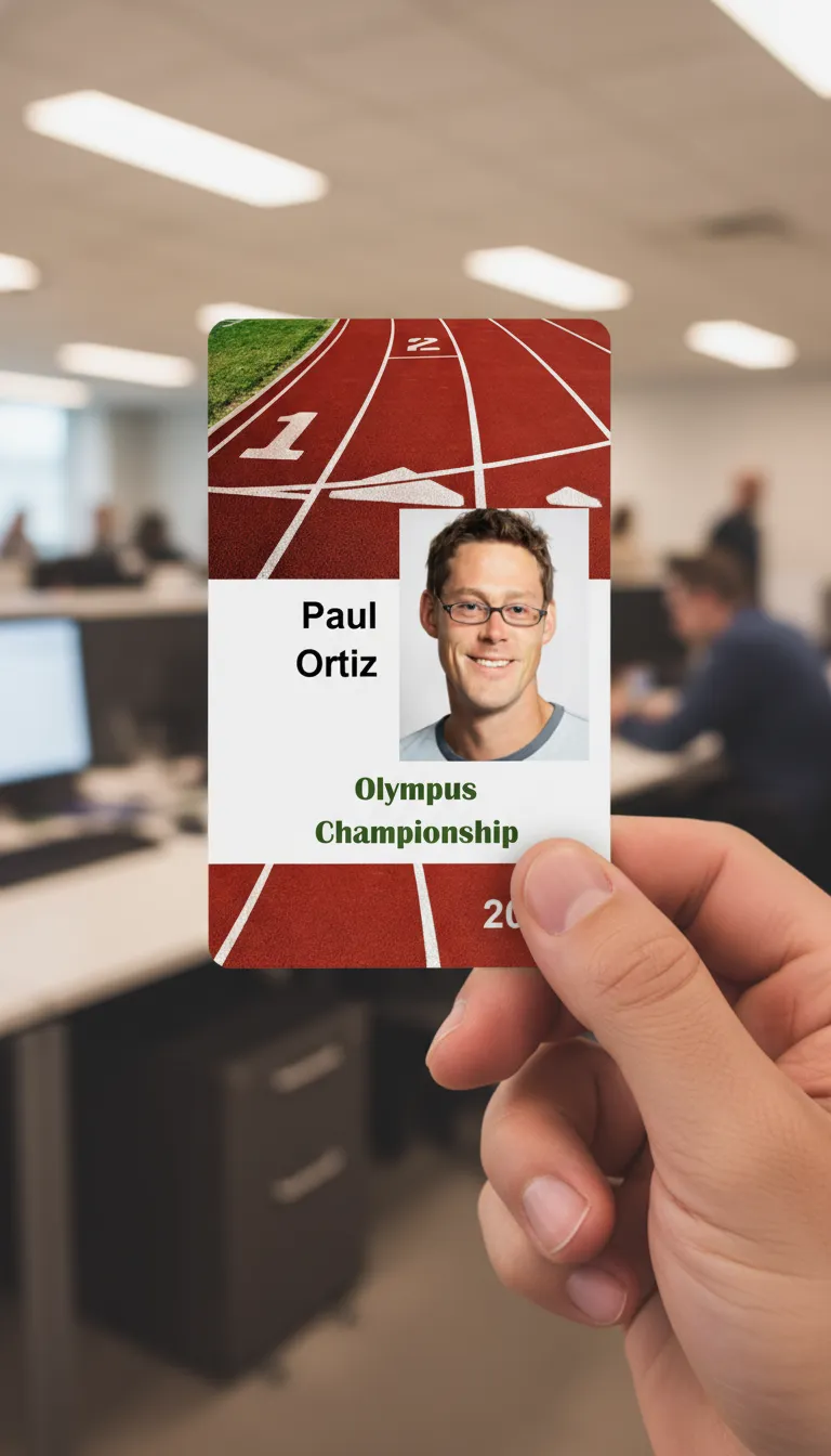 Running oval sport ID card template with photo area, name, title, barcode, and team logo.
